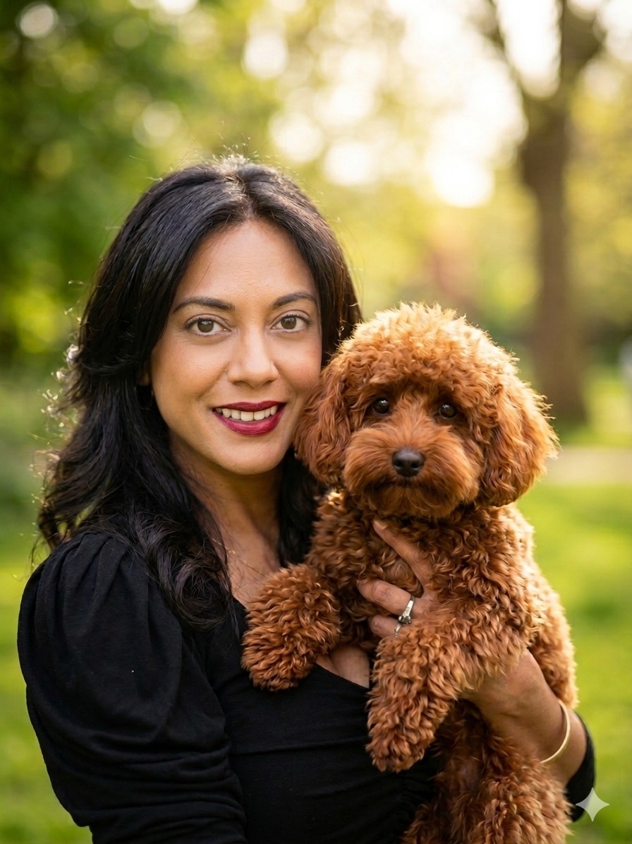 Shalini Gupta holding Napoleon, a red Cockapoo, in a London park with green trees behind them.
