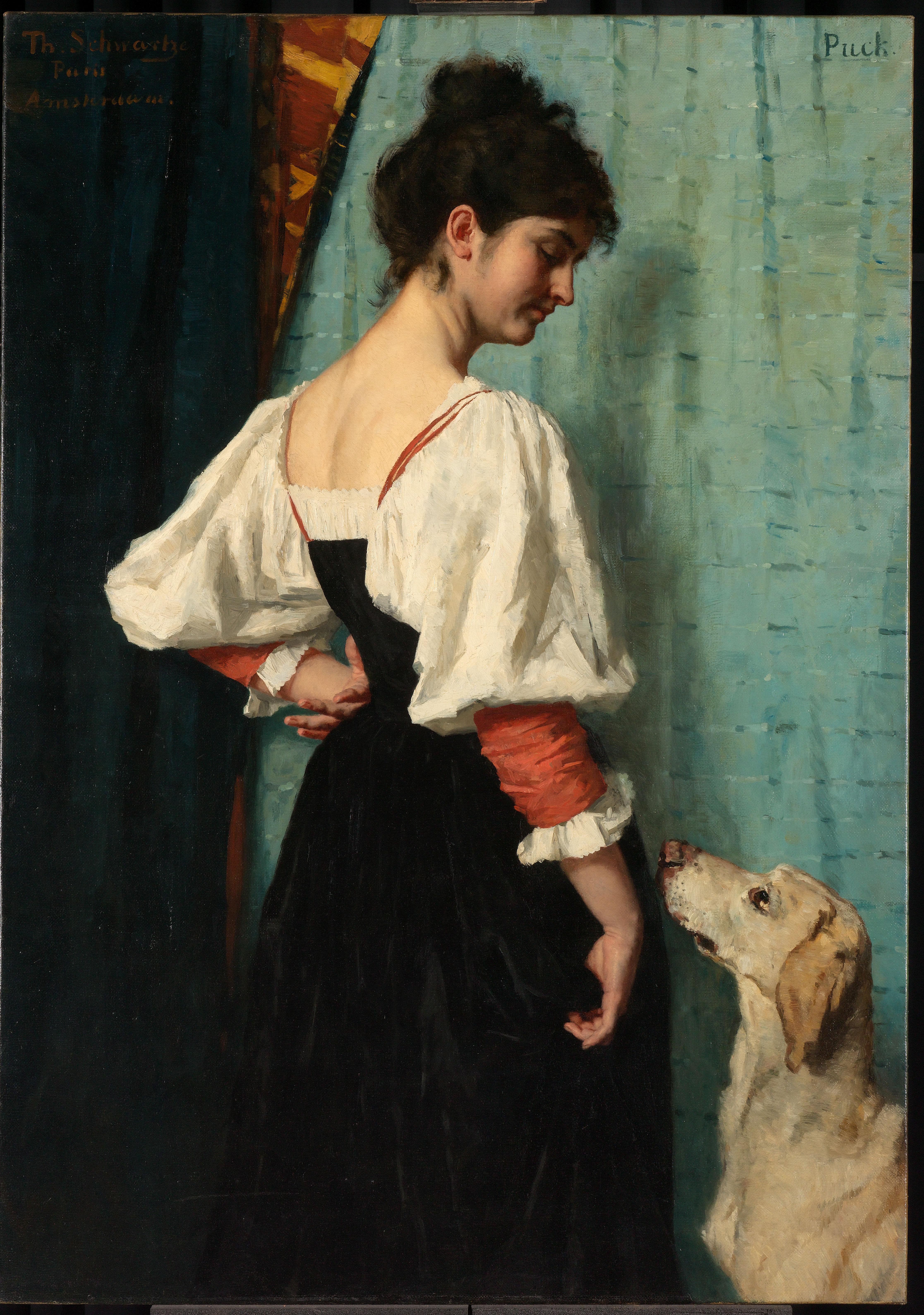 An 1879 painting by Thérèse Schwartze of a woman in a white blouse and black dress, looking down at a pale dog named Puck who looks up at her.