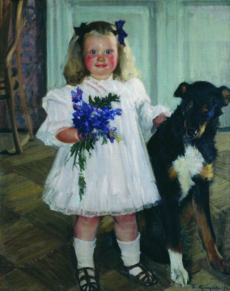 Portrait of Irina Kustodiev with the Dog Shumka by Boris Kustodiev, 1907. A young girl in a white dress holds blue flowers beside a black and tan dog.