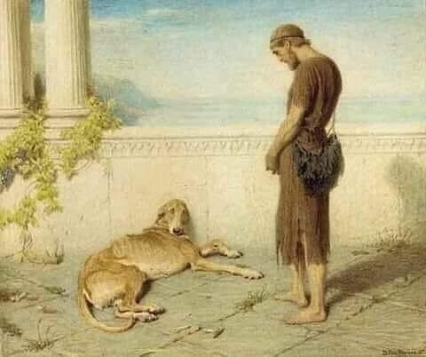 Briton Rivi&egrave;re's 1873 painting of Odysseus reunited with his aged dog Argos on a sunlit terrace overlooking the sea.